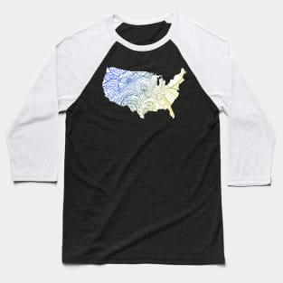 Colorful mandala art map of the United States of America in blue and yellow on white background Baseball T-Shirt
